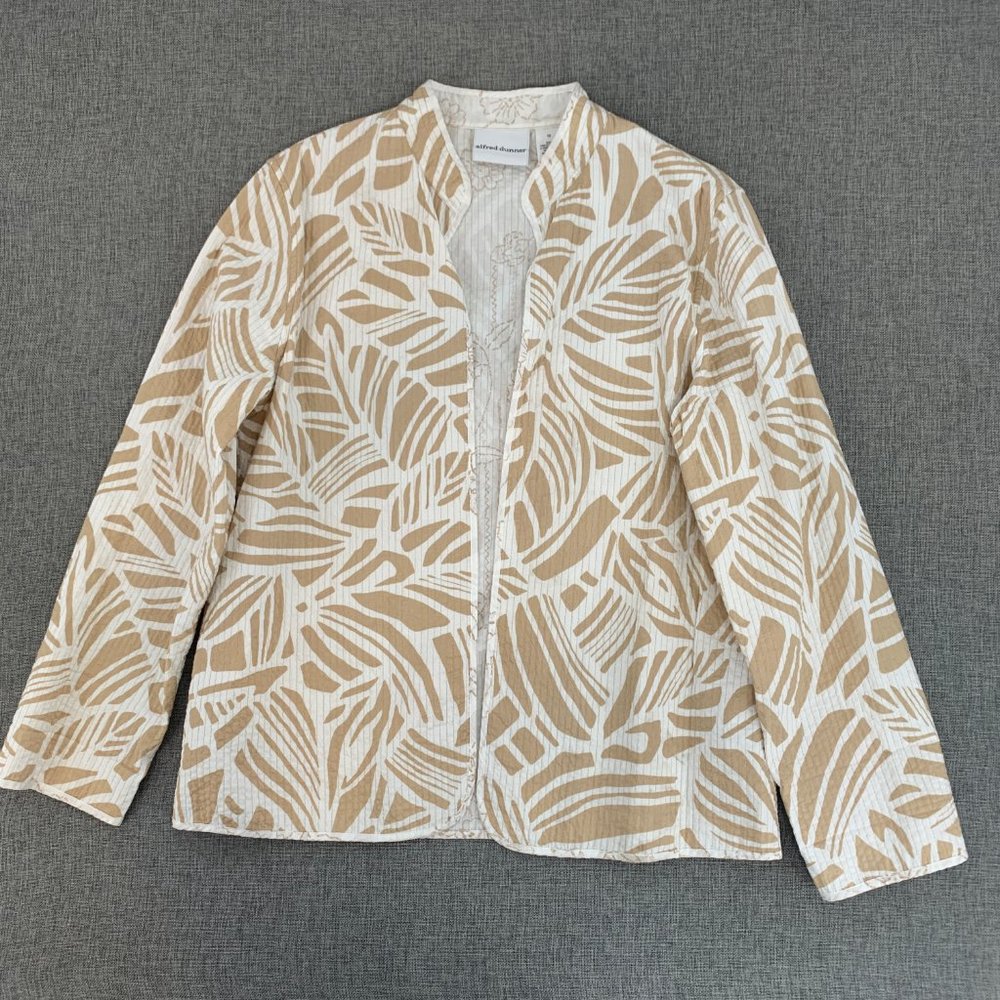 Alfred Dunner Open Cardigan Beige & White Long‎ Sleeve 100% Cotton Size 10